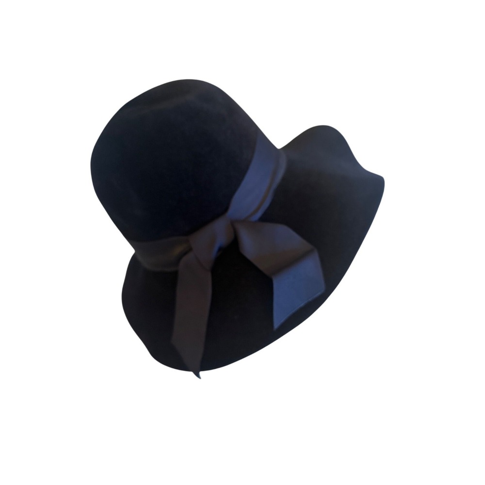 Vintage Rikes Navy Blue Wide Brim Felt Hat With Ribbon Accent England Made